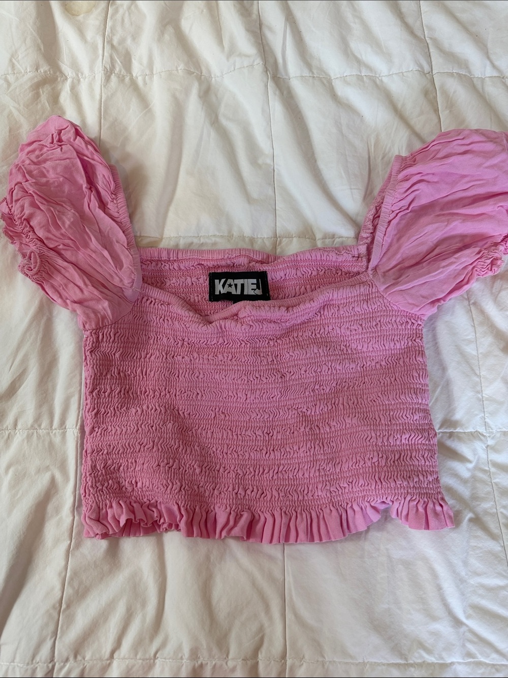 Skatie Light Pink Smocked Puff-Sleeve Crop Top